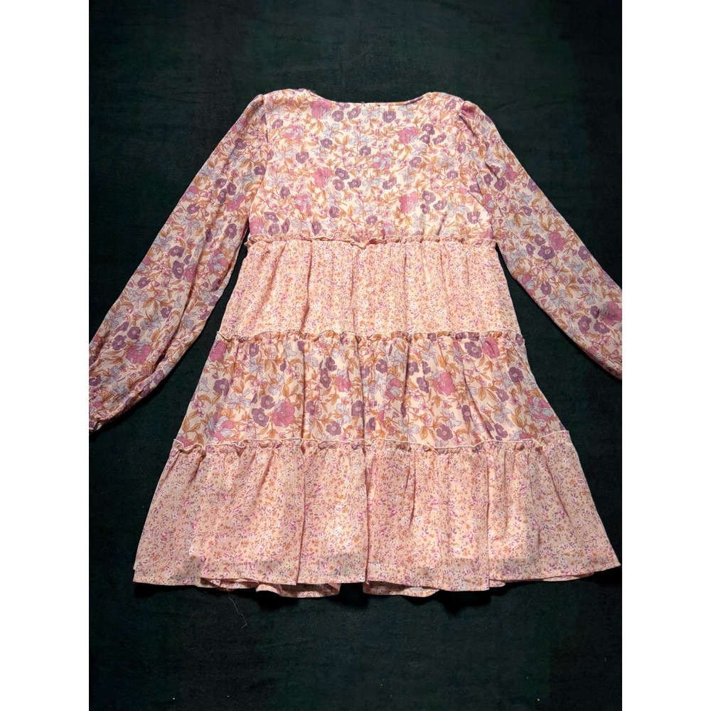 Ksnedjk Tiered Ruffle Floral Long Sleeve Mini Dress Womens L‎ Pink Purple